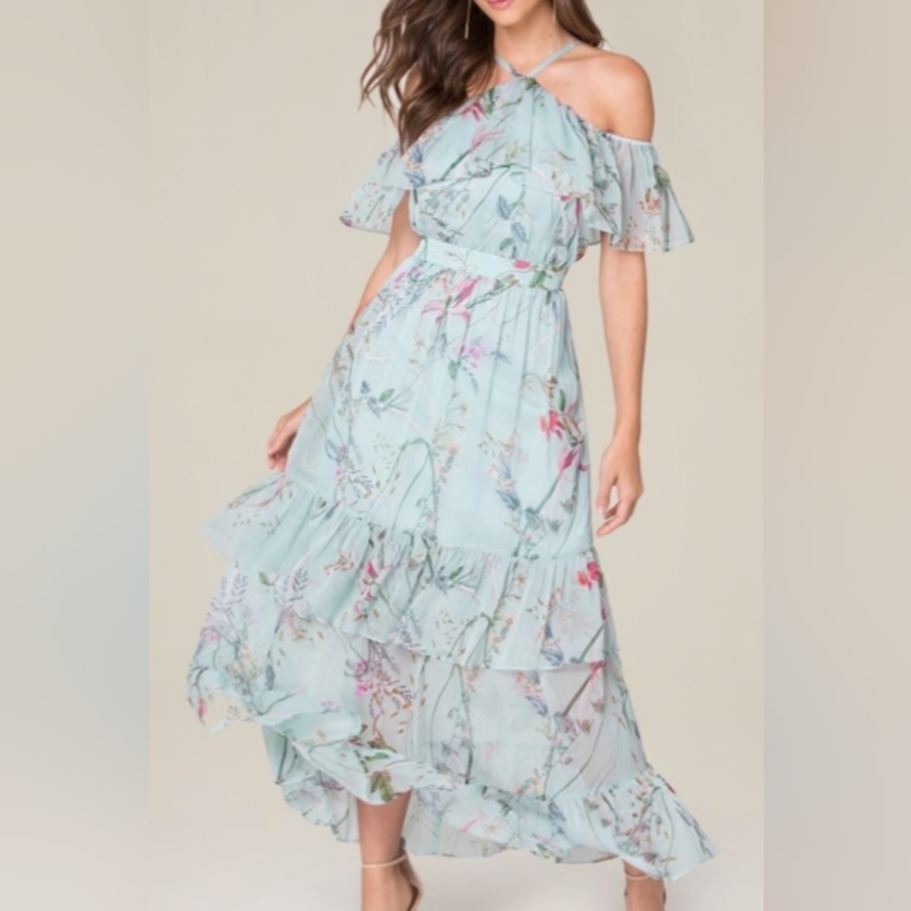 Bebe Off Shoulder Crinkle Chiffon Maxi Dress